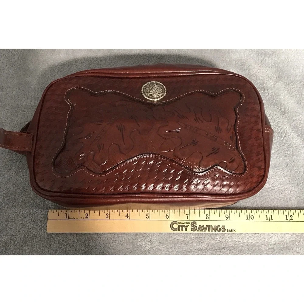American West Embossed Tooled Leather Toiletry Cosmetic Bag Western Leaf Style